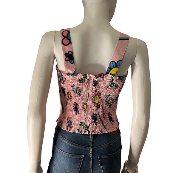 Lazy Oaf Pink Cropped Airbrush Flowers Shirred Tank Top, US 4 - Picture 4 of 7